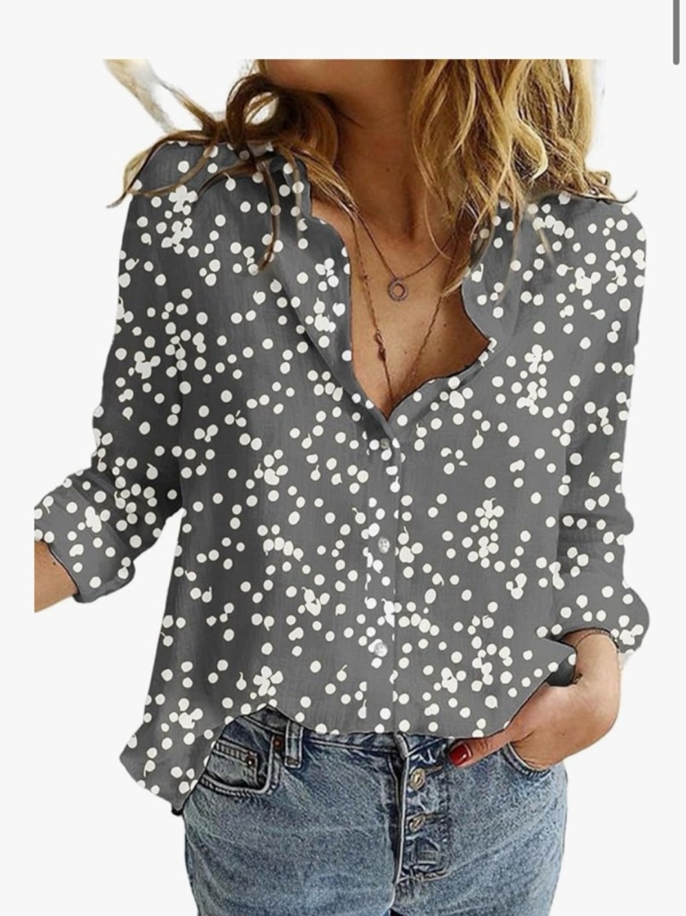 Women's Floral Long Sleeve Chiffon Button Down Blouse Bohemian Gray & White L